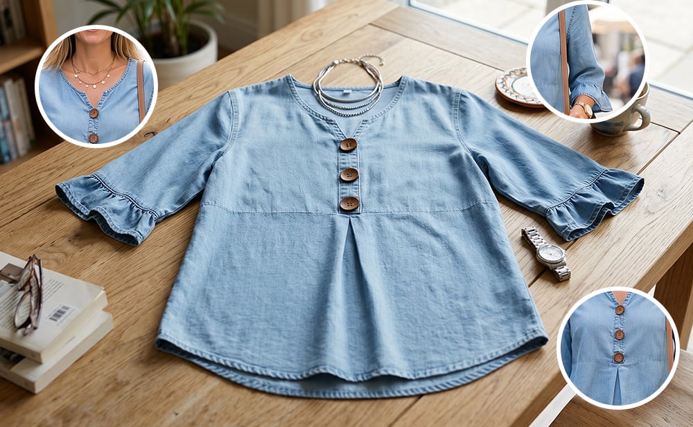 SoftDrape - Blusa vaquera con cuello de pico y mangas acampanadas para mujer