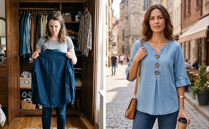 SoftDrape - Blusa vaquera con cuello de pico y mangas acampanadas para mujer