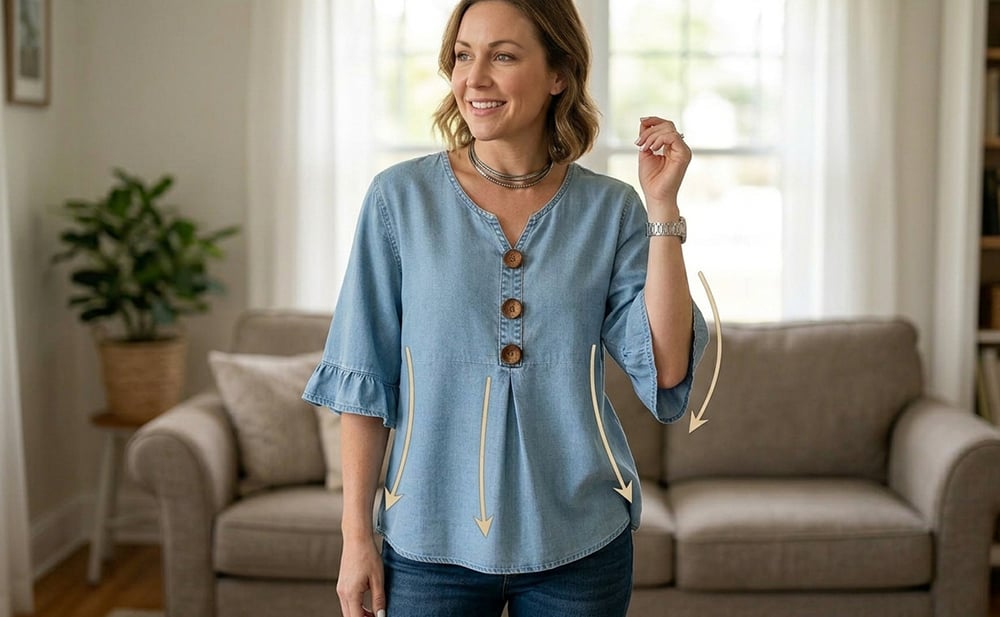 SoftDrape - Blusa vaquera con cuello de pico y mangas acampanadas para mujer