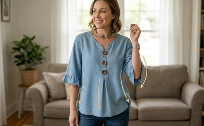 SoftDrape - Blusa vaquera con cuello de pico y mangas acampanadas para mujer