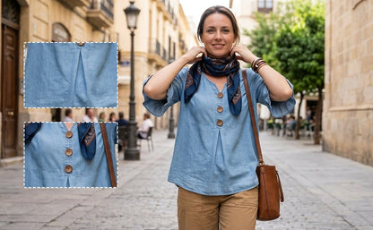 SoftDrape - Blusa vaquera con cuello de pico y mangas acampanadas para mujer