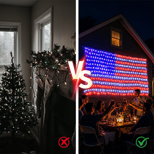 HonorBeam – Luces de red para exteriores con bandera estadounidense