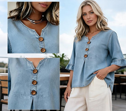 SoftDrape - Blusa vaquera con cuello de pico y mangas acampanadas para mujer