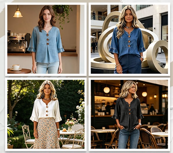 SoftDrape - Blusa vaquera con cuello de pico y mangas acampanadas para mujer