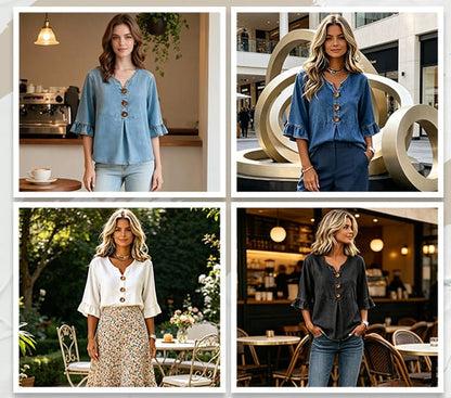 SoftDrape - Blusa vaquera con cuello de pico y mangas acampanadas para mujer