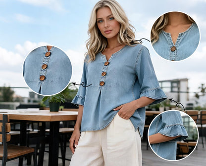 SoftDrape - Blusa vaquera con cuello de pico y mangas acampanadas para mujer