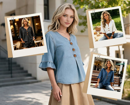 SoftDrape - Blusa vaquera con cuello de pico y mangas acampanadas para mujer